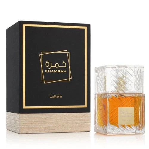 Bottle of Lattafa Khamrah Eau De Parfum, a unisex oriental-spicy fragrance with notes of bergamot, cinnamon, praline, vanilla, and oud