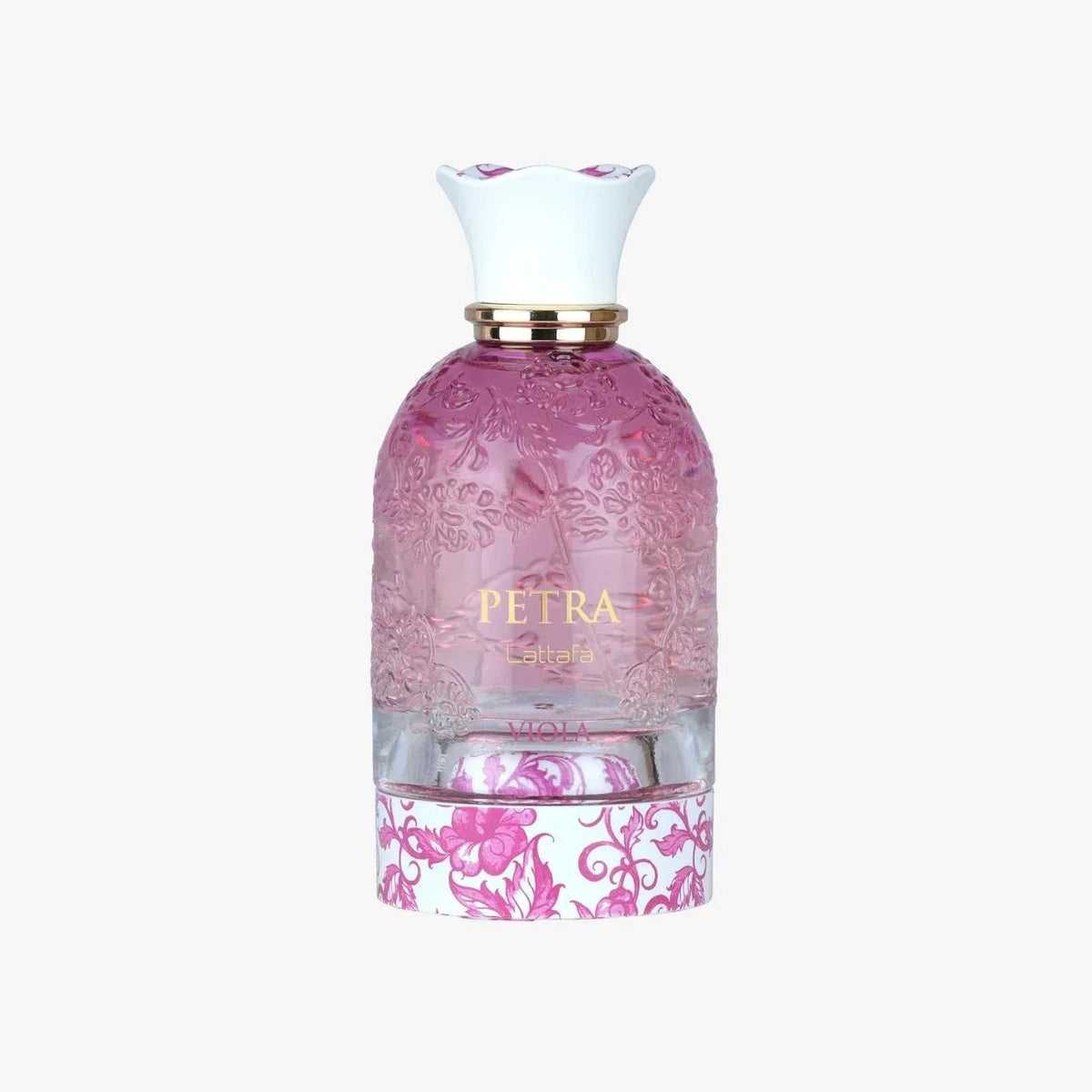 Lattafa Petra Viola perfume bottle with floral oriental design and purple accents