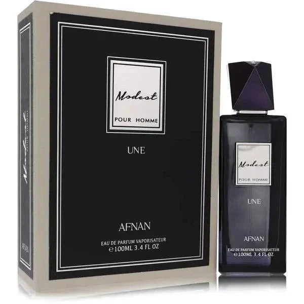 Afnan Modest Pour Homme Une Eau de Parfum bottle with elegant masculine design and aromatic fragrance notes