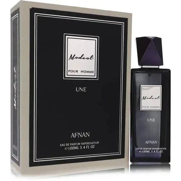 Afnan Modest Pour Homme Une Eau de Parfum bottle with elegant masculine design and aromatic fragrance notes