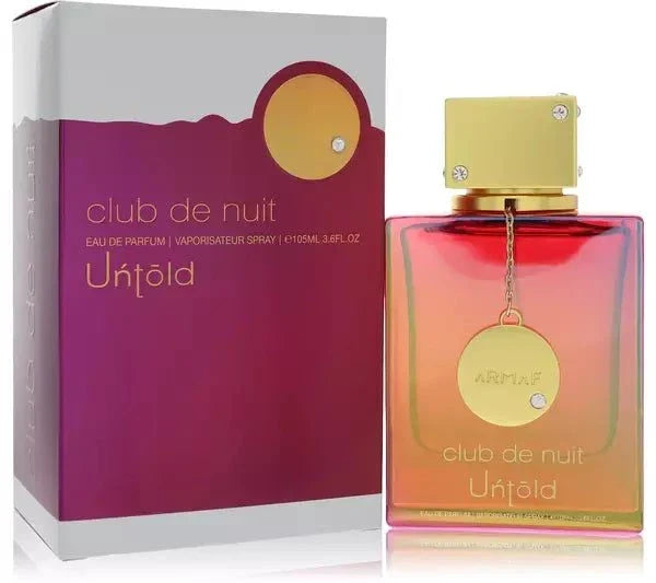 Armaf Club De Nuit Untold unisex fragrance bottle with saffron, jasmine, amberwood, ambergris, fir resin, and cedar notes background