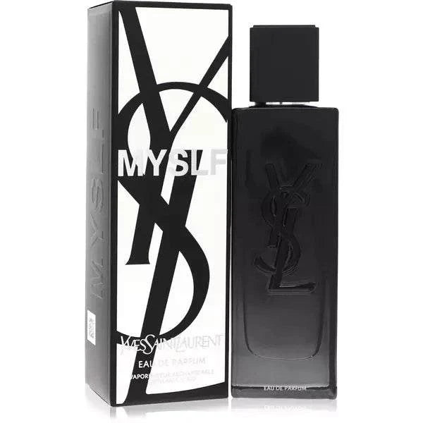 Yves Saint Laurent Myslf refillable men's cologne bottle with fresh bergamot and orange blossom scent against wooden background
