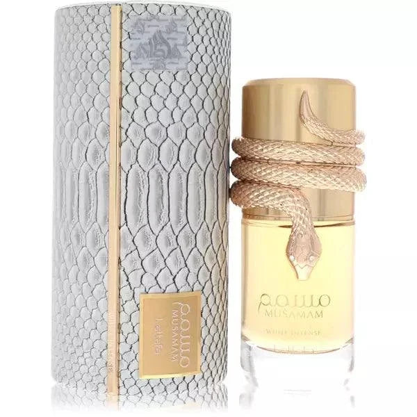 Lattafa Masamam White Intense unisex perfume bottle with creamy citrus and woody fragrance elements