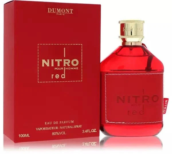 Bottle of Dumont Nitro Red Eau de Parfum with fresh oriental fragrance and bold masculine notes