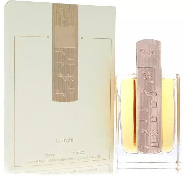 Bottle of Lattafa Angham Eau de Parfum, unisex oriental floral fragrance with vanilla and praline notes