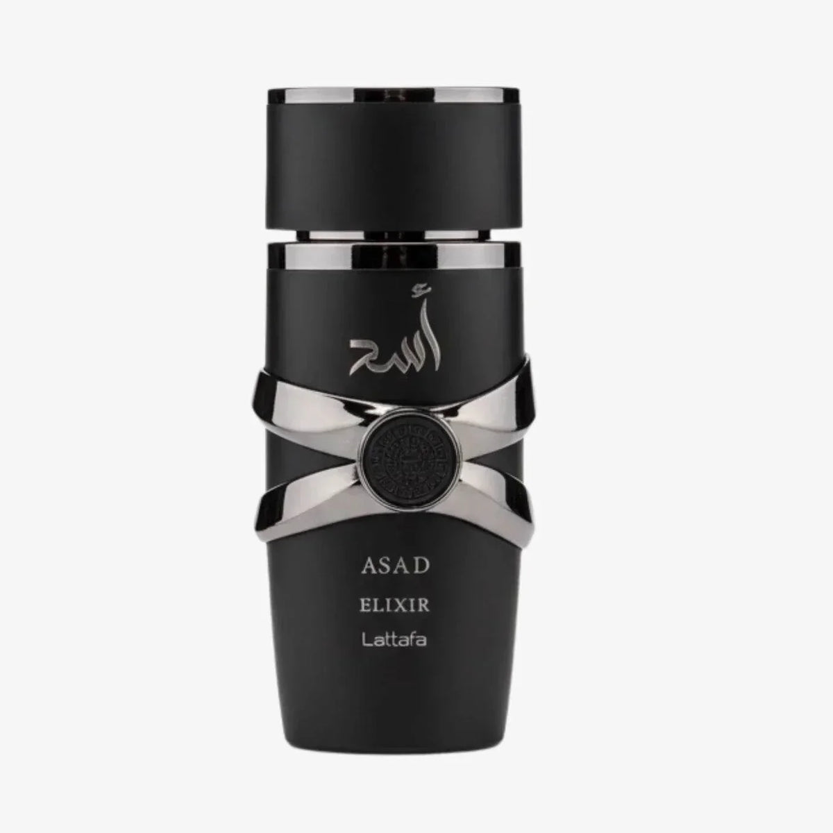 Lattafa Asad Elixir perfume bottle with bold spicy-amber scent elements on a dark background