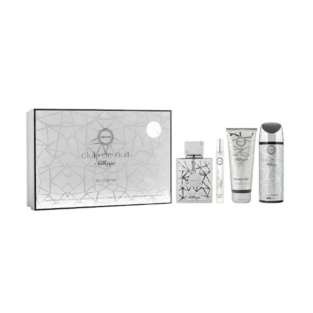 Club de Nuit Sillage 4-piece gift set with Eau de Parfum, travel spray, shower gel, and body spray for sophisticated fragrance experience