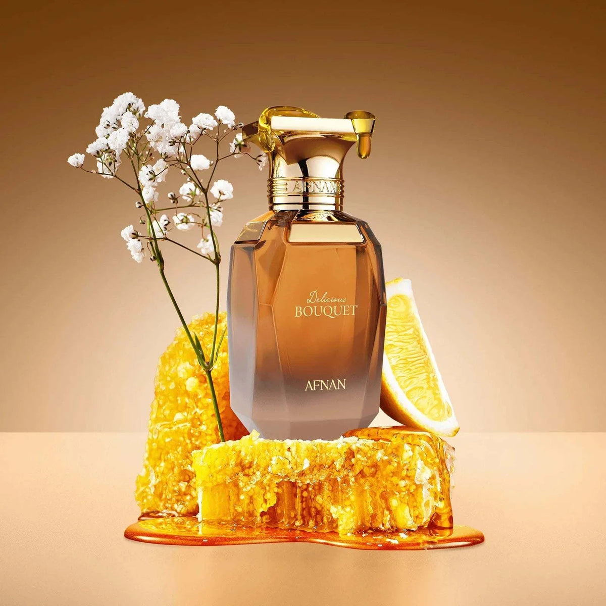 Afnan Delicious Bouquet perfume bottle with caramel, vanilla, and floral scent notes in elegant packaging