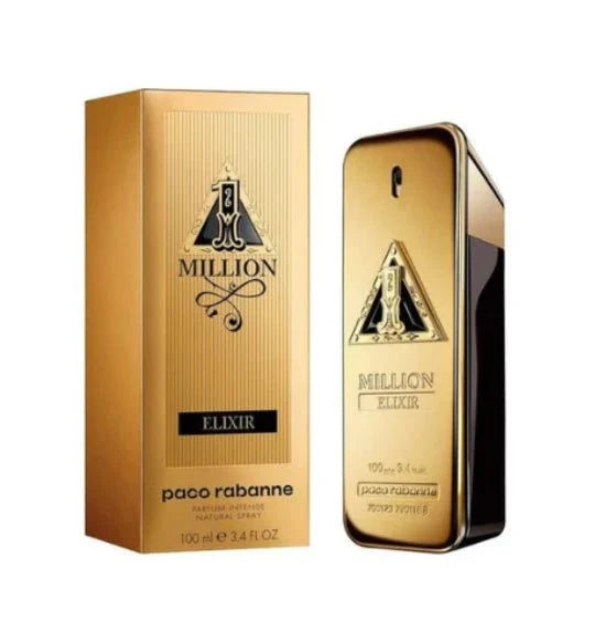 Paco Rabanne One Million Elixir perfume bottle with apple and floral woody notes background