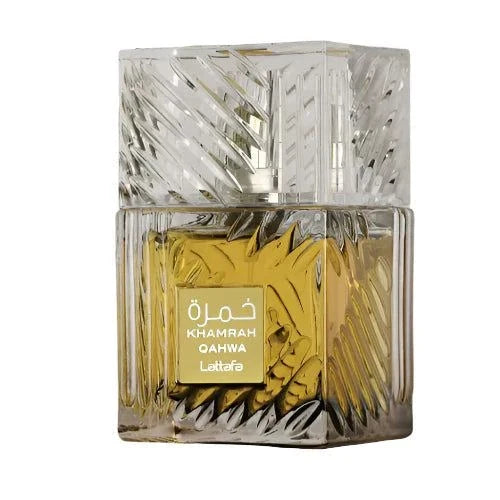 Lattafa Khamrah Qahwa Eau De Parfum bottle with warm spicy coffee and vanilla notes packaging