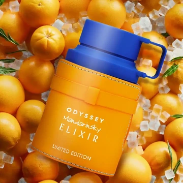 Armaf Odyssey Mandarin Sky Elixir Eau de Parfum in a bright orange bottle with a cobalt blue cap and handle, stitched detailing and white lettering.