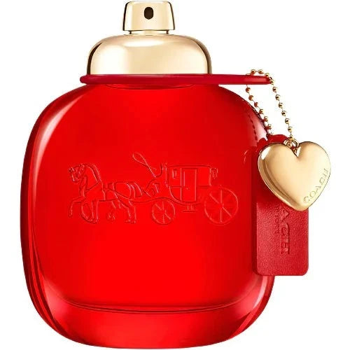 Coach Love Eau de Parfum bottle with floral and fruit-inspired design, highlighting wild strawberry, red rose, and cedarwood notes