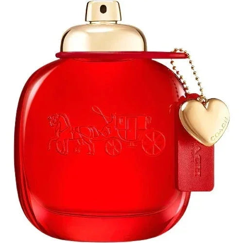 Coach Love Eau de Parfum bottle with floral and fruit-inspired design, highlighting wild strawberry, red rose, and cedarwood notes