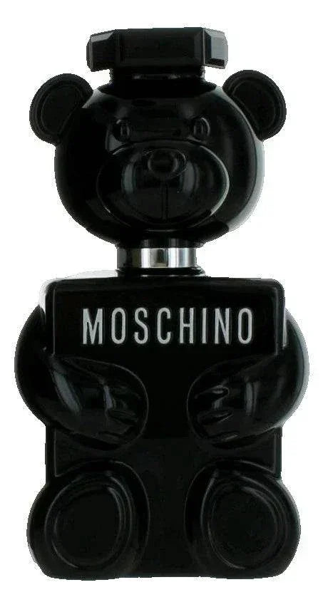 Moschino Toy Boy Eau de Parfum bottle with woody spicy fragrance for men featuring fresh fruits, florals, and smooth woods