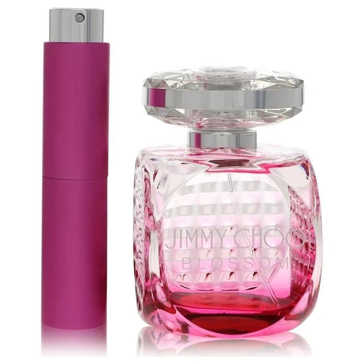 Jimmy Choo Blossom perfume bottle with vibrant raspberry, citrus, and floral elements representing sweet and feminine fragrance notes