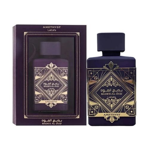 Lattafa Bade'e Al Oud Eau de Parfum bottle in deep purple with intricate gold geometric patterns and matching box packaging.