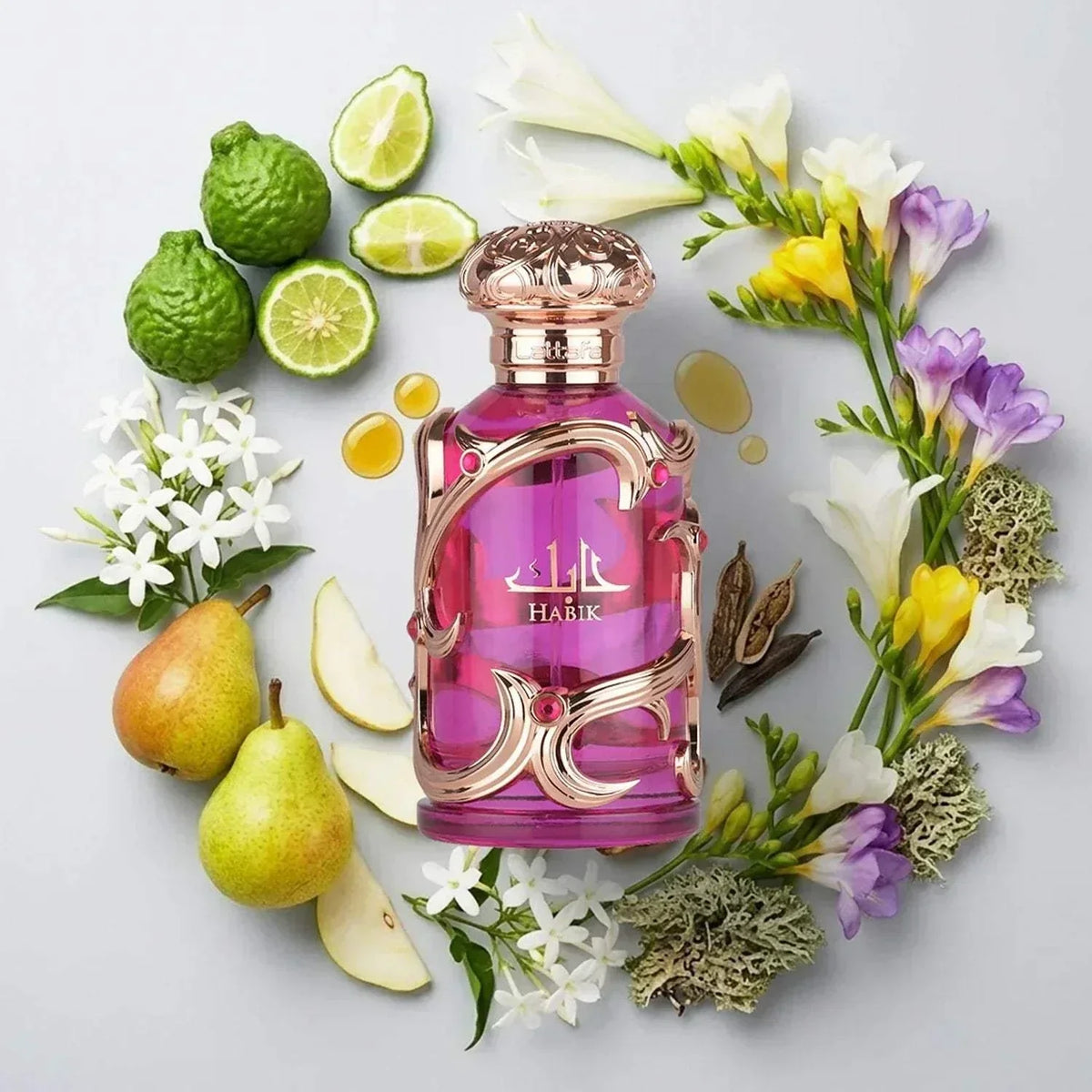 Lattafa Habik women's fragrance bottle with floral fruity scent and elegant design