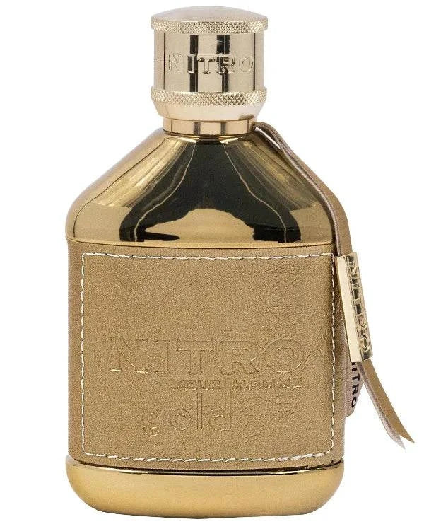 Bottle of Dumont Nitro Gold unisex extrait de parfum with citrus, woody, and oriental notes