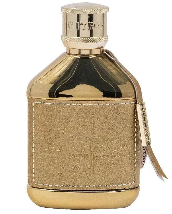 Bottle of Dumont Nitro Gold unisex extrait de parfum with citrus, woody, and oriental notes
