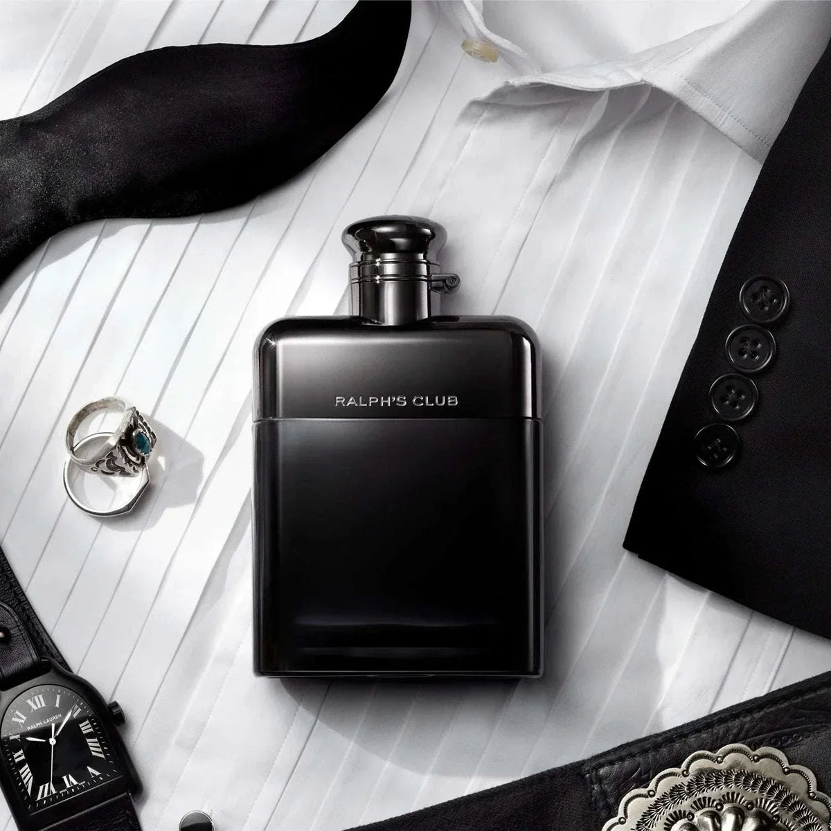 Ralph's Club Men's Cologne bottle by Ralph Lauren with woody aromatic fragrance notes of lavandin, clary sage, cedarwood, and vetiver