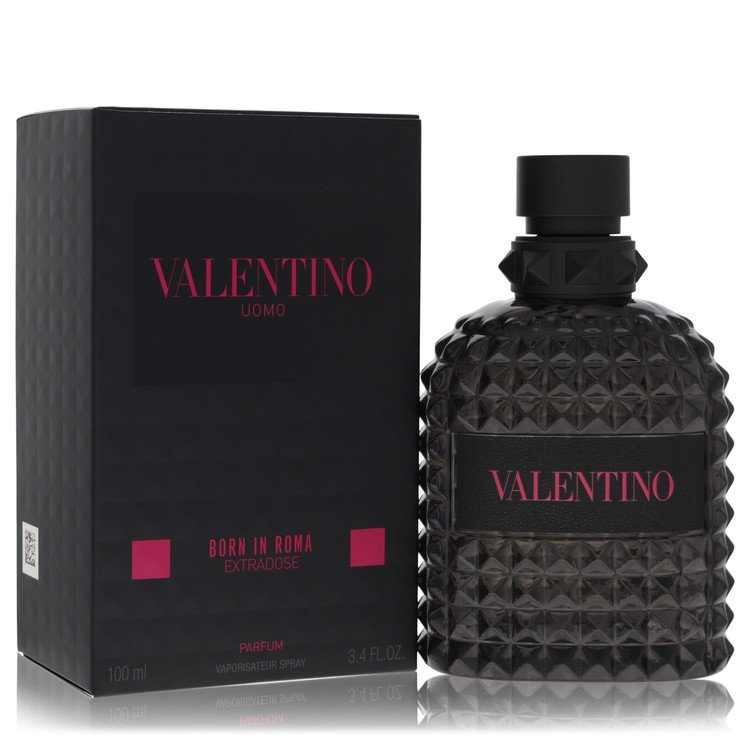 Men’s parfum spray bottle with black faceted glass, matching box and magenta lettering, Valentino Uomo Born in Roma Extradose.