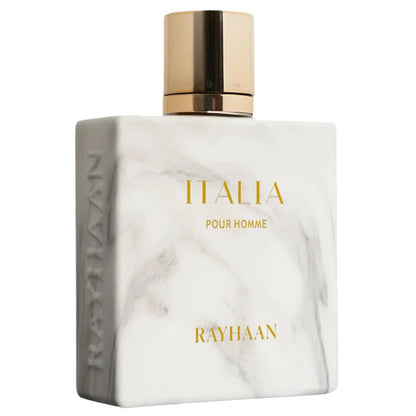 Rayhaan Italia Eau De Parfum men's fragrance bottle with citrus, floral, and woody notes packaging
