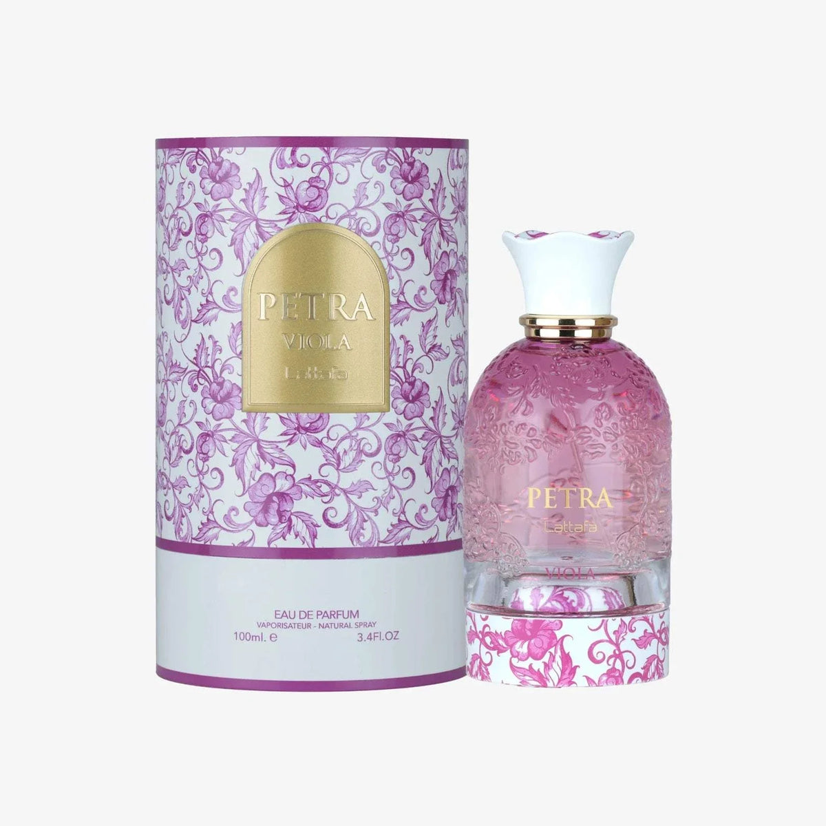 Lattafa Petra Viola perfume bottle with floral oriental design and violet and raspberry accents