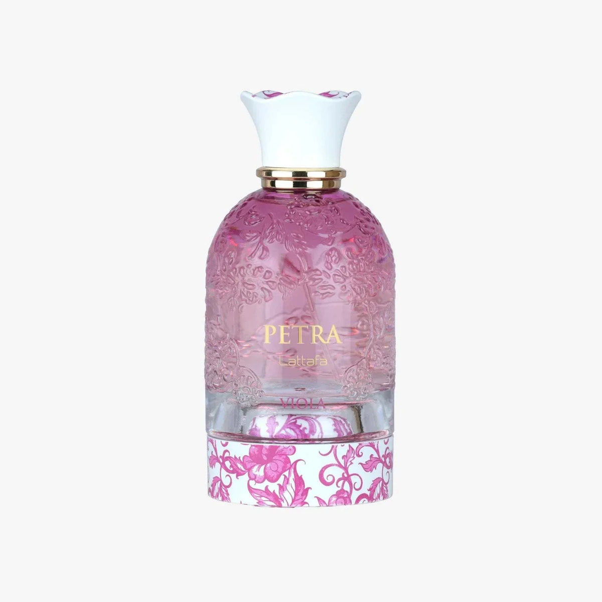 Lattafa Petra Viola perfume bottle with floral oriental design and purple accents