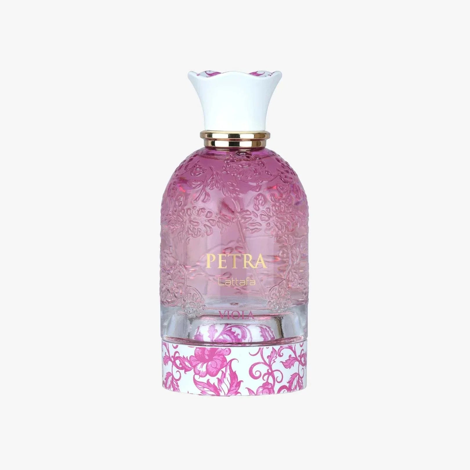 Lattafa Petra Viola perfume bottle with floral oriental design and purple accents
