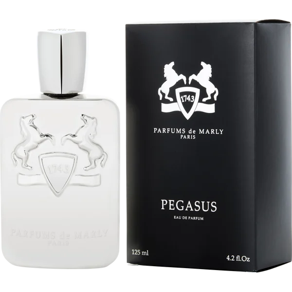 Parfum De Marly Pegasus eau de parfum bottle in reflective silver with horse emblem and black packaging box