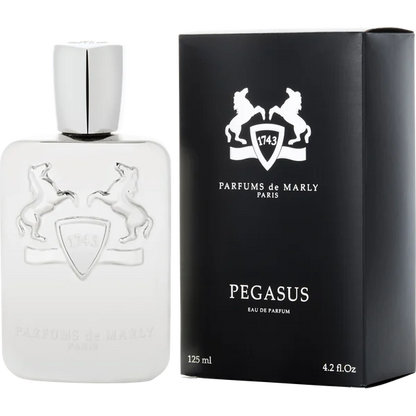 Parfum De Marly Pegasus eau de parfum bottle in reflective silver with horse emblem and black packaging box