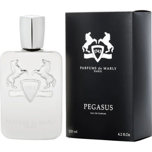 Parfum De Marly Pegasus eau de parfum bottle in reflective silver with horse emblem and black packaging box