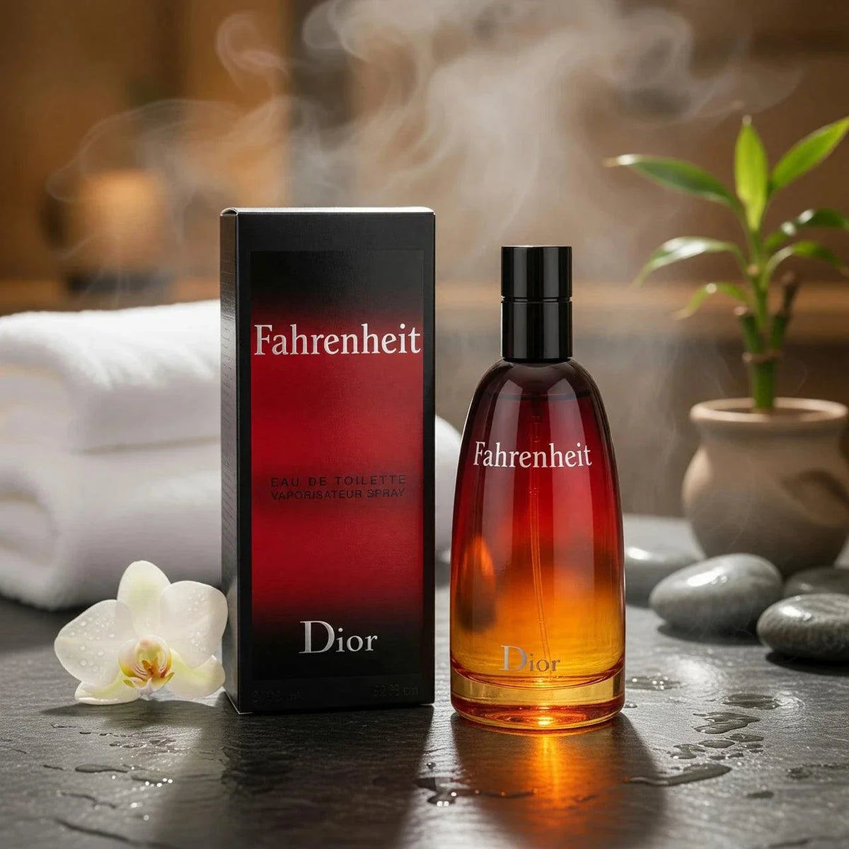 Christian Dior Fahrenheit men's fragrance bottle with fresh citrus, violet, wood, and leather notes in 3.4 oz EDT packaging