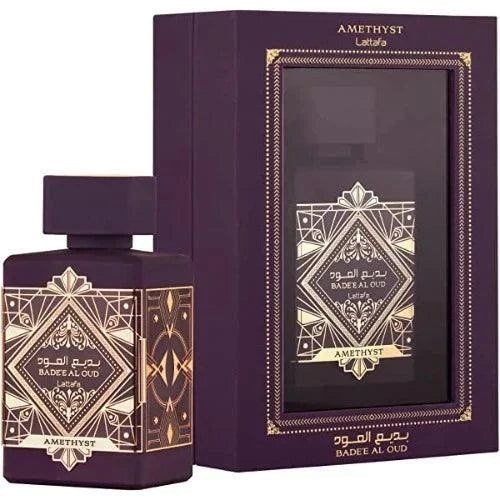 Lattafa Badee Al Oud Amethyst perfume bottle with floral and amber notes packaging