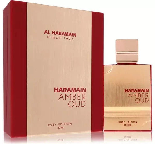 Al Haramain Amber Oud Ruby fragrance bottle with amber woody scent elements and elegant packaging