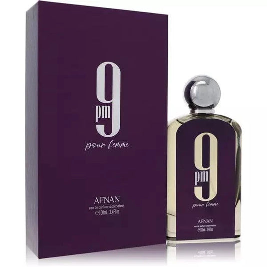 Afnan 9PM Pour Femme perfume bottle with purple floral design and fruity evening fragrance notes