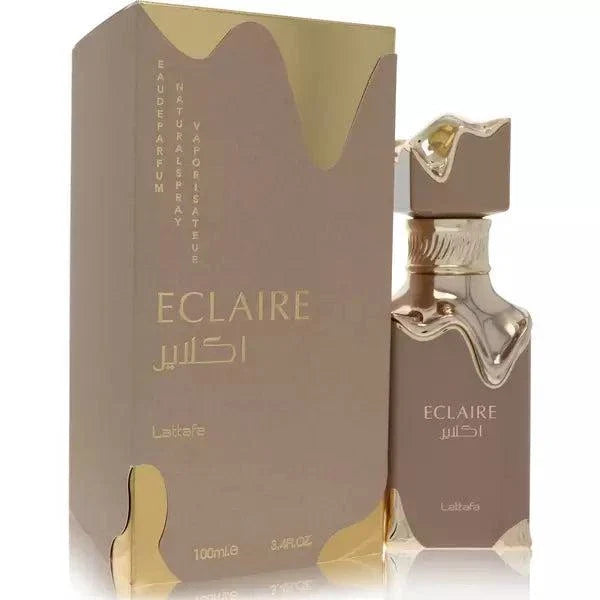 Lattafa Eclaire perfume bottle with caramel, vanilla, and honey fragrance notes