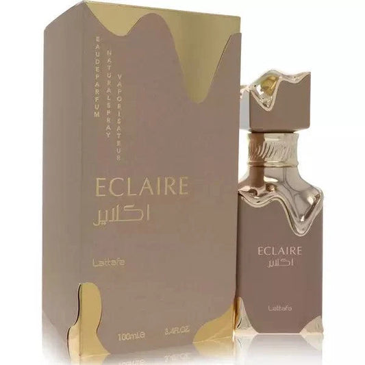 Lattafa Eclaire perfume bottle with caramel, vanilla, and honey fragrance notes