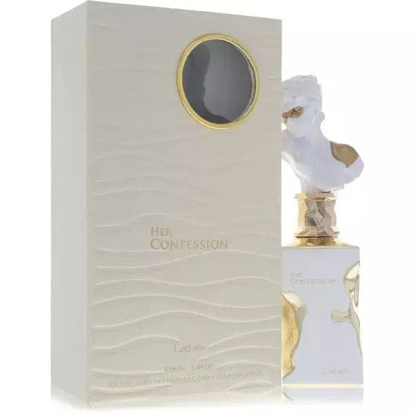 Lattafa Her Confession women's Eau de Parfum bottle with warm spicy cinnamon, white florals, smoky incense, vanilla, and musk fragrance notes