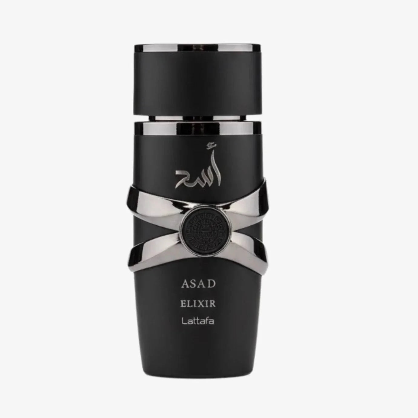Lattafa Asad Elixir perfume bottle with bold spicy-amber scent elements on a dark background