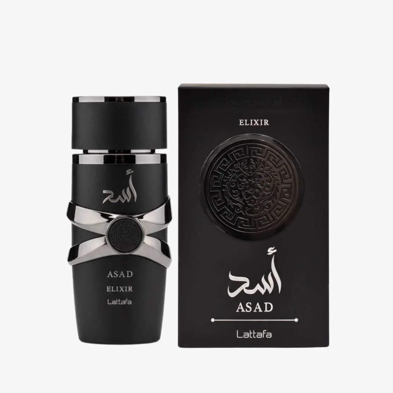 Lattafa Asad Elixir Eau De Parfum bottle with spicy amber fragrance notes
