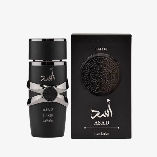 Lattafa Asad Elixir Eau De Parfum bottle with spicy amber fragrance notes