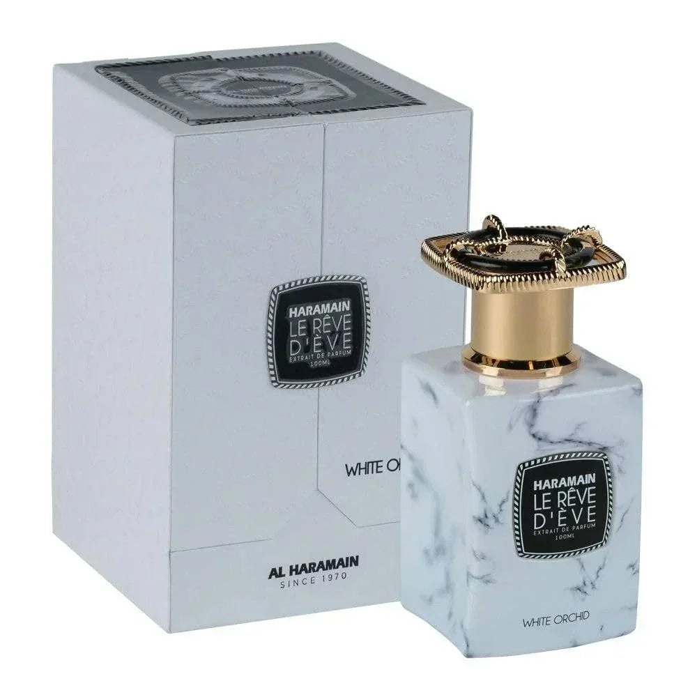 Al Haramain Le Reve D’eve White Orchid women's fragrance bottle with floral design, fresh white floral extrait de parfum