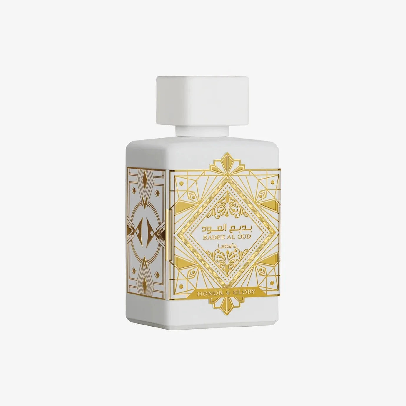 Bottle of Lattafa Badee Al Oud Honor and Glory perfume with pineapple and creamy gourmand fragrance notes