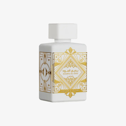 Bottle of Lattafa Badee Al Oud Honor and Glory perfume with pineapple and creamy gourmand fragrance notes