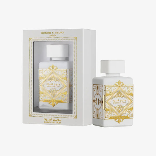 Lattafa Badee Al Oud Honor and Glory perfume bottle with pineapple and warm spice design