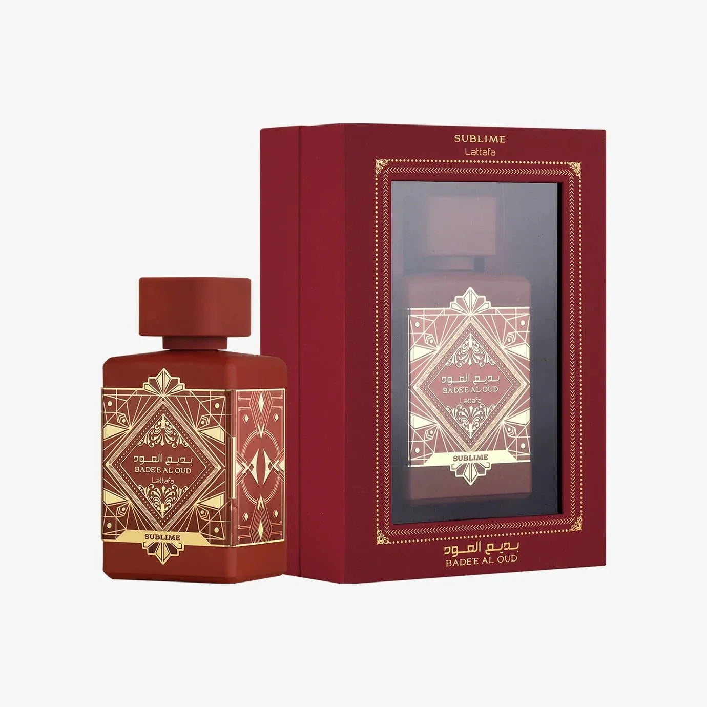 Lattafa Badee Al Oud Sublime perfume bottle with fresh apple and woody notes packaging