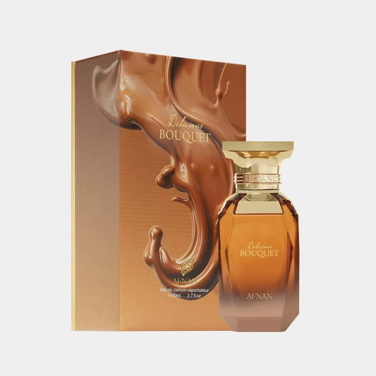 Afnan Delicious Bouquet perfume bottle with warm caramel and vanilla fragrance notes