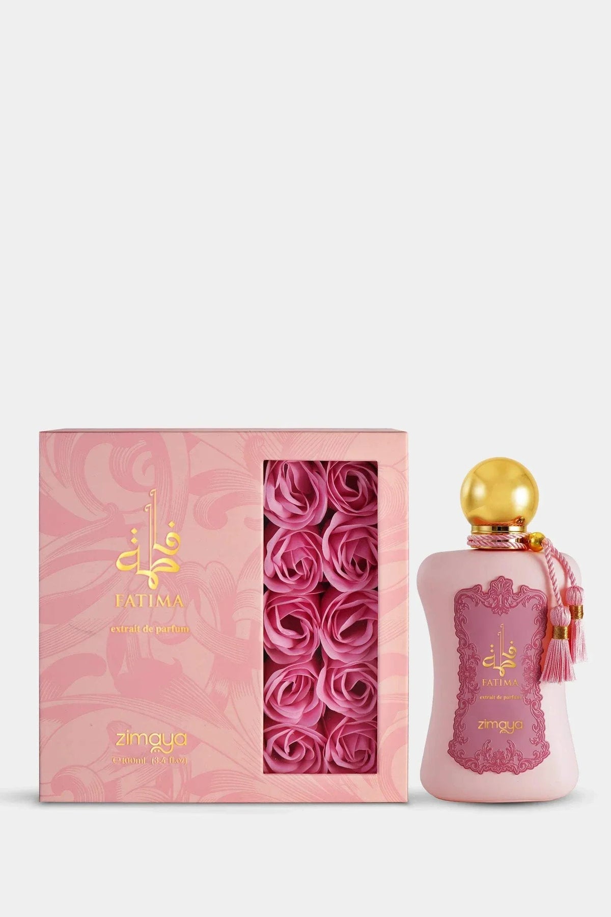 Zimaya Fatima Pink Eau de Parfum bottle with floral and fruity notes packaging