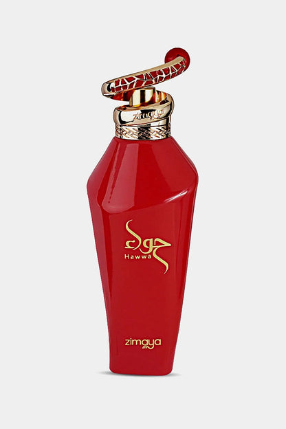 Zimaya Hawwa Red Eau de Parfum bottle with vibrant red packaging and fruity floral scent notes